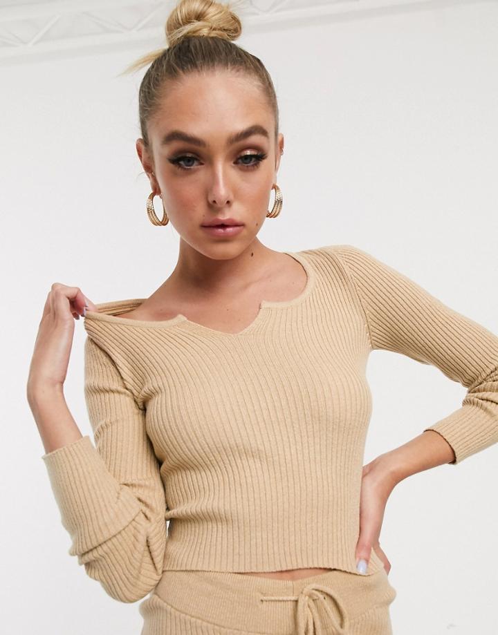 Asos Design Rib Knit Two-piece Top With Notch Neck Detail-stone