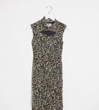 One Above Another High Neck Bodycon Mini Dress With Cut Out In Leopard Mesh-multi