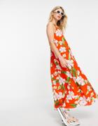 Asos Design Plunge Neck Maxi Dress In Red Tropical Print-multi