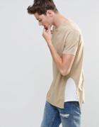 Asos Longline T-shirt With Contrast Side Panels And Shaped Hem In Beige