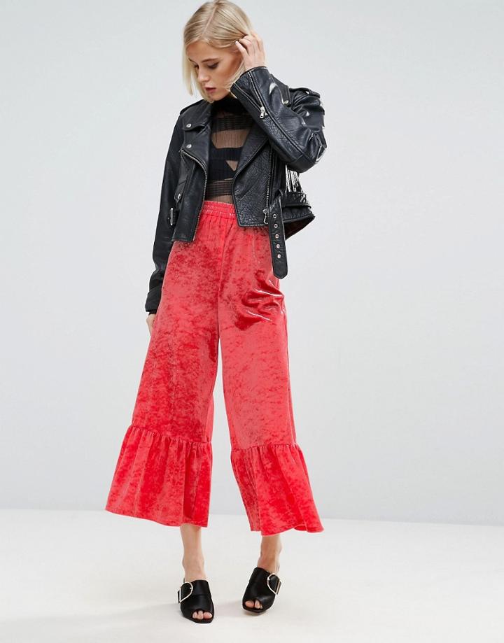 Asos Velvet Wide Leg Pants With Frill Hem - Pink