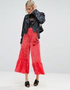 Asos Velvet Wide Leg Pants With Frill Hem - Pink