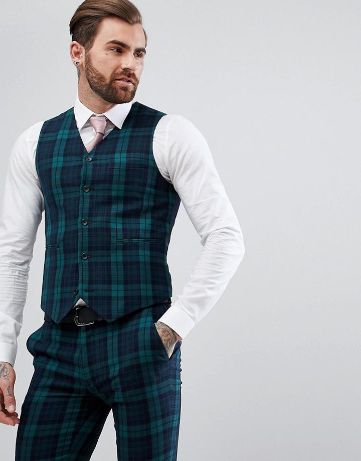 Asos Super Skinny Suit Vest In Blackwatch Plaid - Green