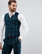 Asos Super Skinny Suit Vest In Blackwatch Plaid - Green