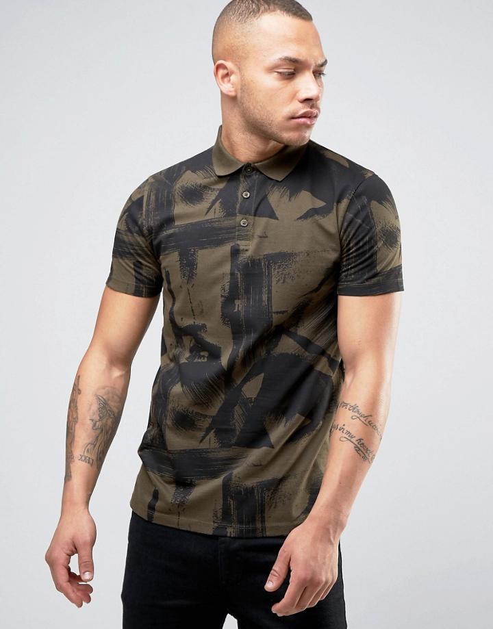 Asos Polo Shirt With All Over Paint Brush Stroke Print - Green