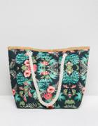 7x Tropical Floral Canvas Beach Bag With Rope Handle - Multi