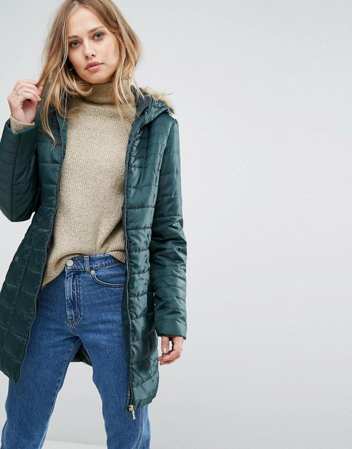 Vero Moda Padded Faux Fur Belted Parka - Green