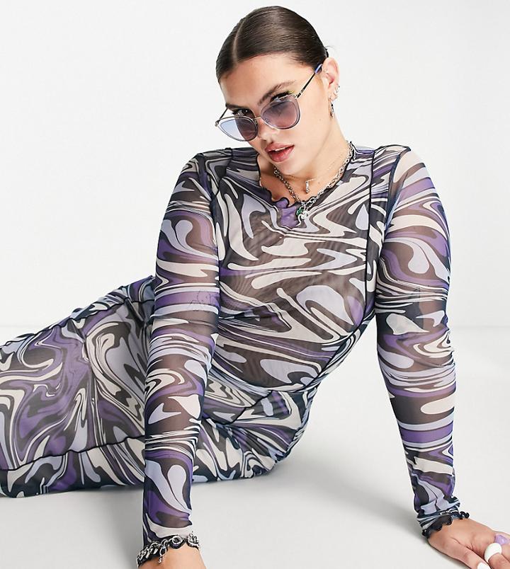 Asos Design Curve Long Sleeve Mesh Top With Contour Exposed Seams In Blue Swirl Print-multi