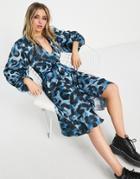 Topshop Animal Satin Shirt Dress In Blue-blues