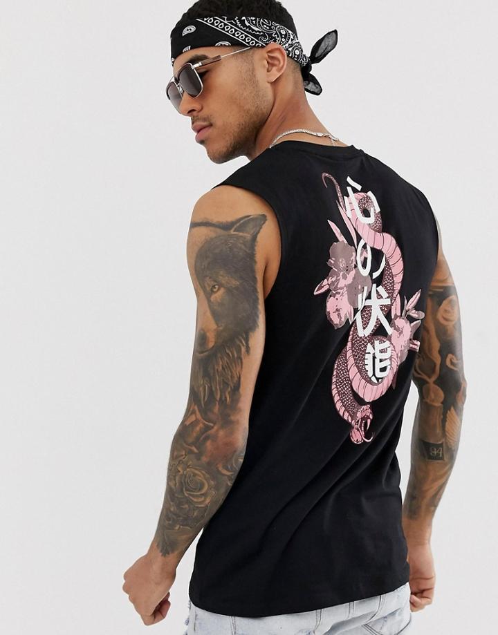 Asos Design Organic Cotton Standard Sleeveless T-shirt With Dragon Back Print-black
