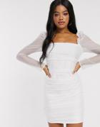 In The Style Ruched Mesh Puff Sleeve Mini Dress In White