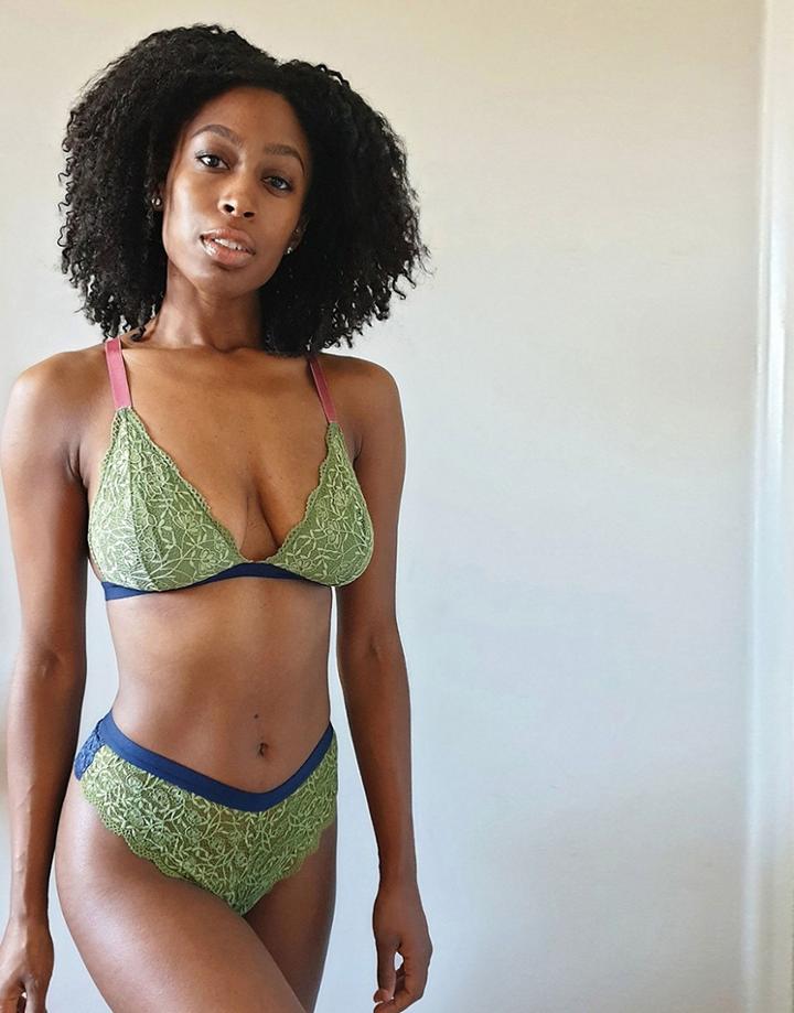 We Are We Wear Fuller Bust Lace Cami Strap Triangle Bralette In Khaki And Navy-multi