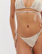 Asos Design Tie Side Bikini Bottom In Shimmer Metallic-silver