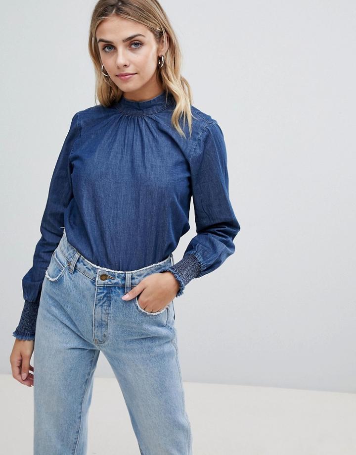 Jdy Toby Smock High Neck Denim Blouse - Blue