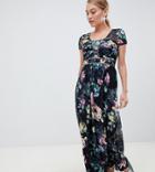 Little Mistress Petite Cap Sleeve Maxi Dress In Dark Floral Print - Multi