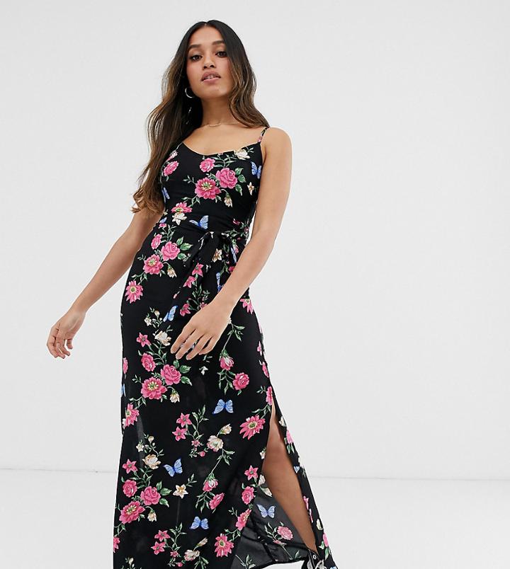 Parisian Petite Cami Strap Maxi Dress In Black Floral - Black