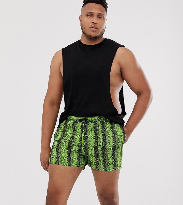 Asos Design Plus Swim Short With Neon Green Snake Print Print In Short Length - Green