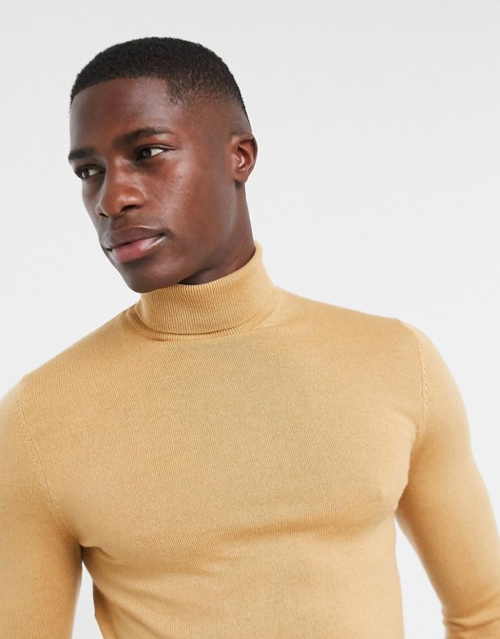 Asos Design Muscle Fit Merino Wool Rollneck Sweater In Camel Marl-brown