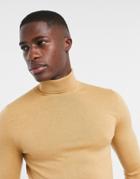 Asos Design Muscle Fit Merino Wool Rollneck Sweater In Camel Marl-brown
