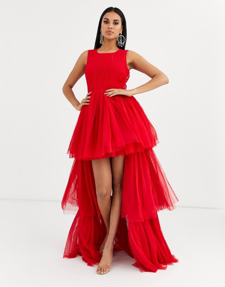 Lace & Beads Tulle Layered Maxi Dress In Fiery Red