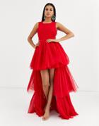 Lace & Beads Tulle Layered Maxi Dress In Fiery Red