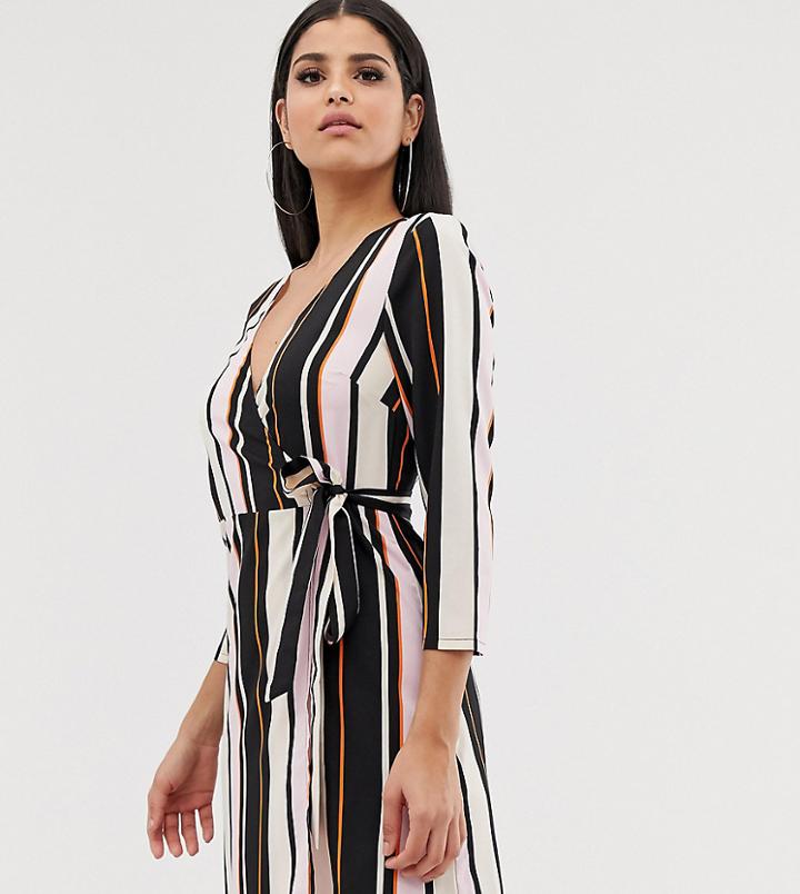Outrageous Fortune Tall Wrap Front Swing Dress With Bell Sleeves In Multi Stripe - Multi