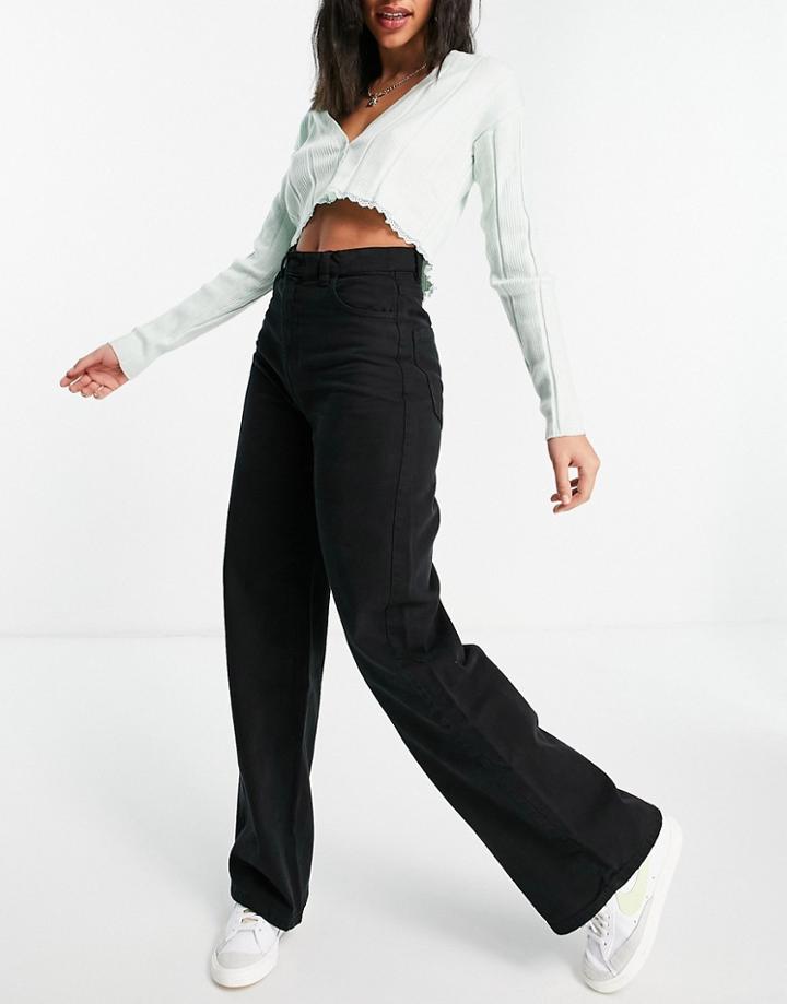 Bershka Organic Cotton Dad Wide Leg Twill Pants In Black