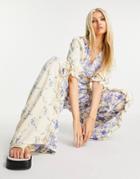 Asos Design Puff Sleeve Trim Detail Jumpsuit In Mixed Pastel Floral-multi