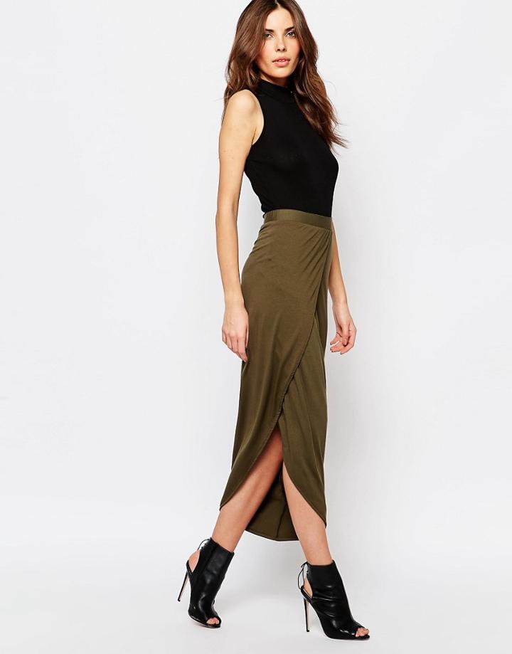 Sisley Jersey Maxi Skirt With Front Split - Green
