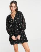 Asos Design Shirred Waist Mini Skater Dress Floral Printed Eyelet In Black-multi