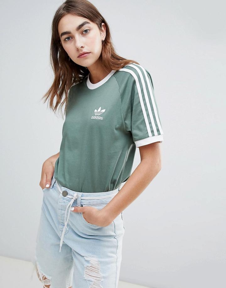 Adidas Originals 3 Stripe T-shirt In Khaki - Green