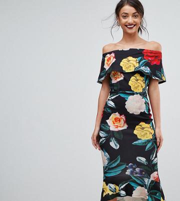 True Violet Tall Bardot Pephem Midi Dress In Bold Floral Print - Black