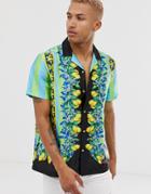 Asos Design Festival Oversized Satin Shirt Lemon Border Print - Black