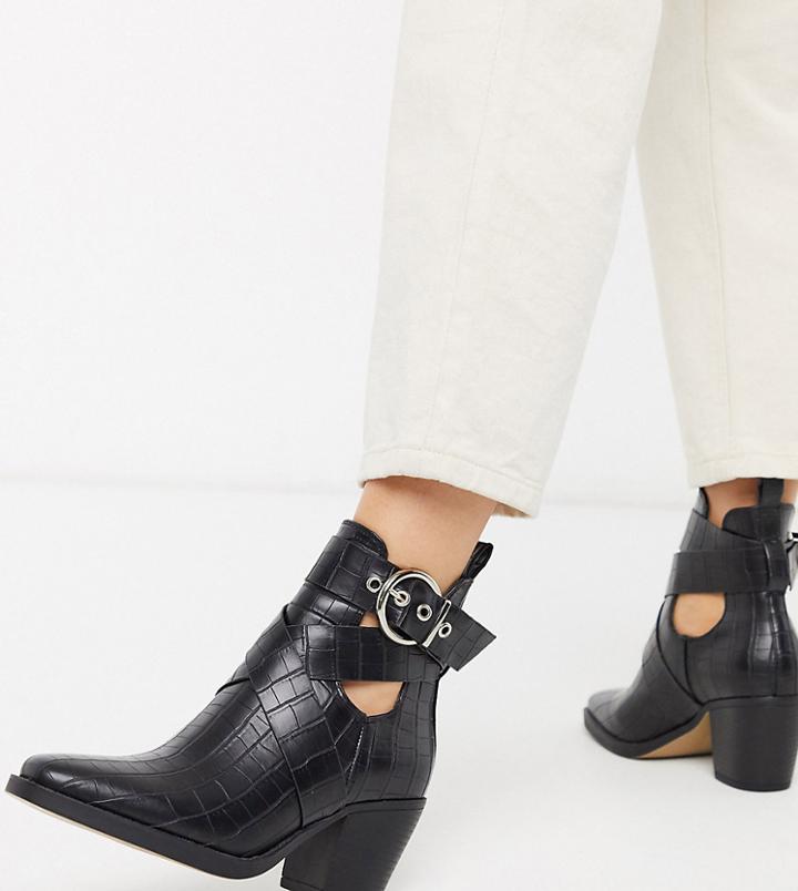 Truffle Collection Wide Fit Heeled Western Buckle Boots In Black Croc