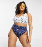 Asos Design Curve Recycled Mix And Match High Leg High Waist Bikini Bottom In Navy Polka Dot-multi