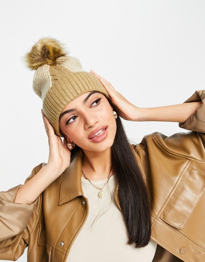 Boardmans Knitted Pleat Detail Faux Pom Beanie In Camel-neutral