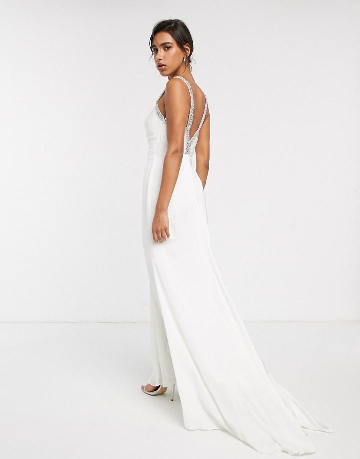 Asos Edition Wedding Dress With V Back And Crystal Strap Detail-white