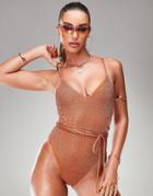 Asos Design Cut Out Waist Wrap Lattice Swimsuit In Rust Glitter-copper