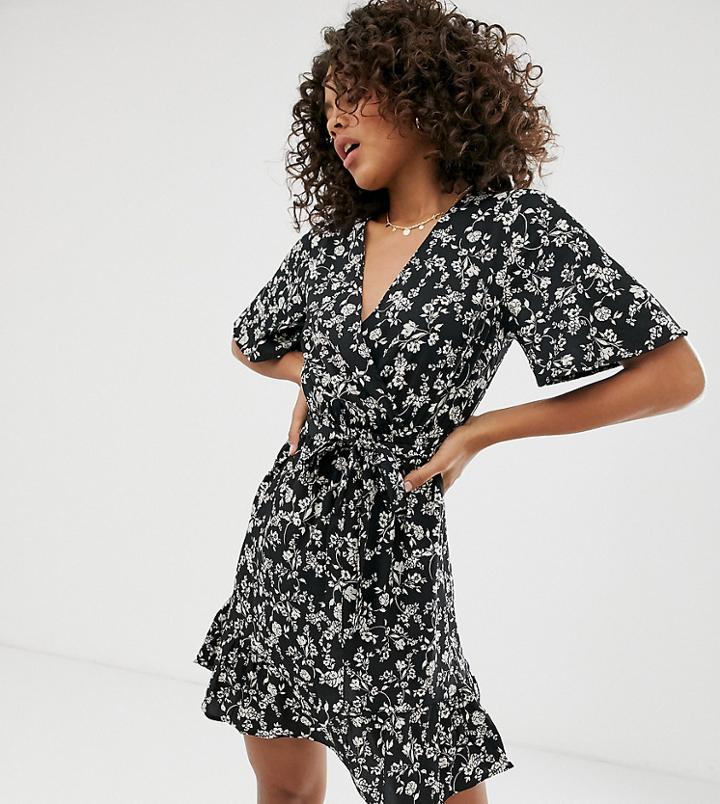 New Look Tall Wrap Dress In Black Ditsy Floral
