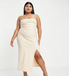 Vesper Plus Cami Strap Midi Body-conscious Dress With Thigh Split In Ecru-white