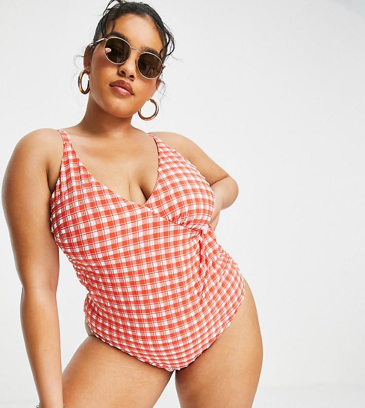 Asos Design Curve Seersucker Swimsuit In Red
