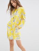 Honey Punch Swing Dress In Floral Print - Yellow