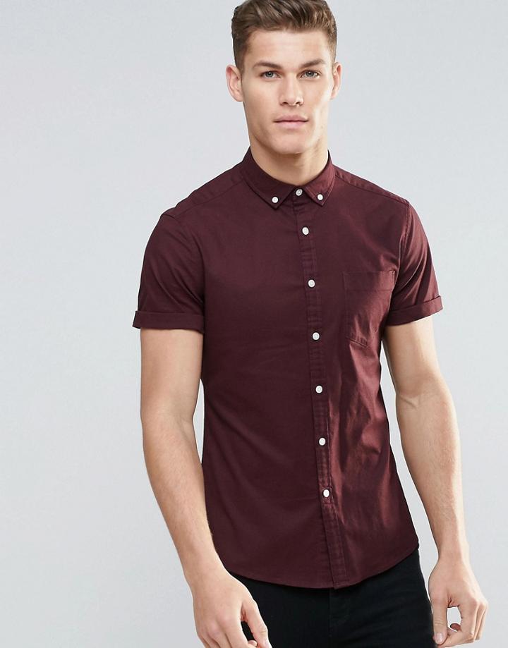 Asos Skinny Oxford Shirt In Dark Burgundy With Short Sleeves - Dk Burgundy