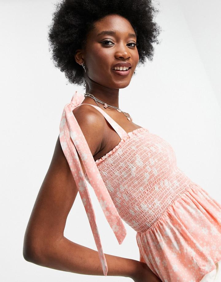 New Look Shirred Tie Strap Cami In Pink Floral