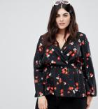 Influence Plus Wrap Front Floral Blouse With Flared Sleeves - Black