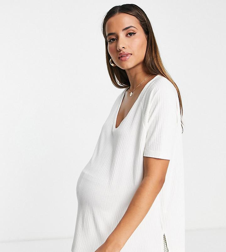Asos Design Maternity Oversized V-neck T-shirt In Rib In White