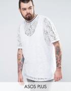 Asos Plus Longline T-shirt In White Lace - Blue