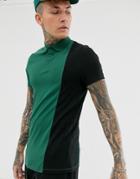 Asos Design Organic Skinny Polo Shirt With Vertical Color Block In Green - Green