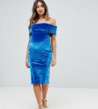 Asos Maternity Deep Off The Shoulder Bardot Midi Bodycon Dress In Velvet - Blue
