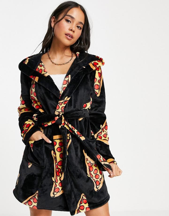 Asos Design Super Soft Pizza Fleece Robe In Black